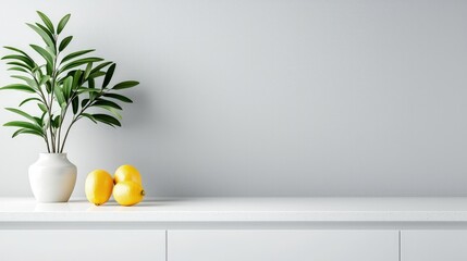 Minimalist white kitchen counter with lemons and plant.