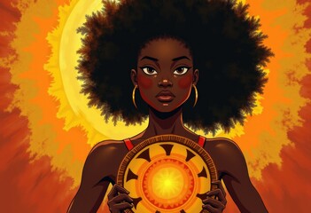 A powerful Black woman, radiant as the sun, holds a sun-like disc, symbolizing strength and energy.