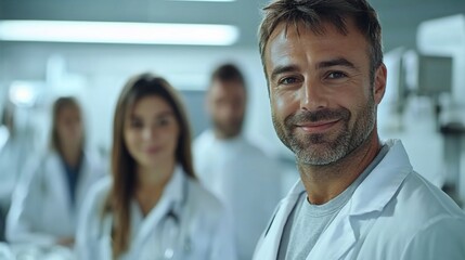 Obraz premium Smiling male doctor with colleagues in background.