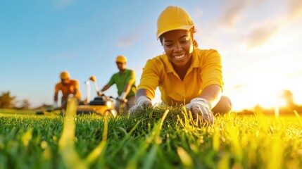 A smiling golf course worker tending to grass with a team in the background, highlighting careers in golf maintenance and landscaping.