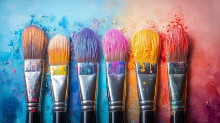 Fototapeta premium Colorful paintbrushes with splashes on a bright background