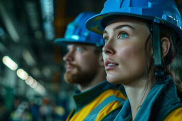 Two focused workers in hard hats, contemplating safety and teamwork in an industrial setting.