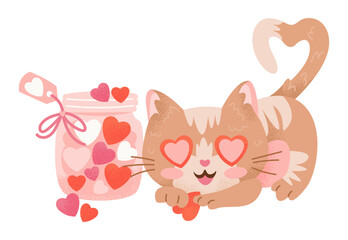 Cartoon red cat playing with hearts in jar. Valentines Day ginger kitty in love. Romance concept pet with heart shaped tail and eyes. Cute textured hand drawn animal. Isolated flat vector illustration