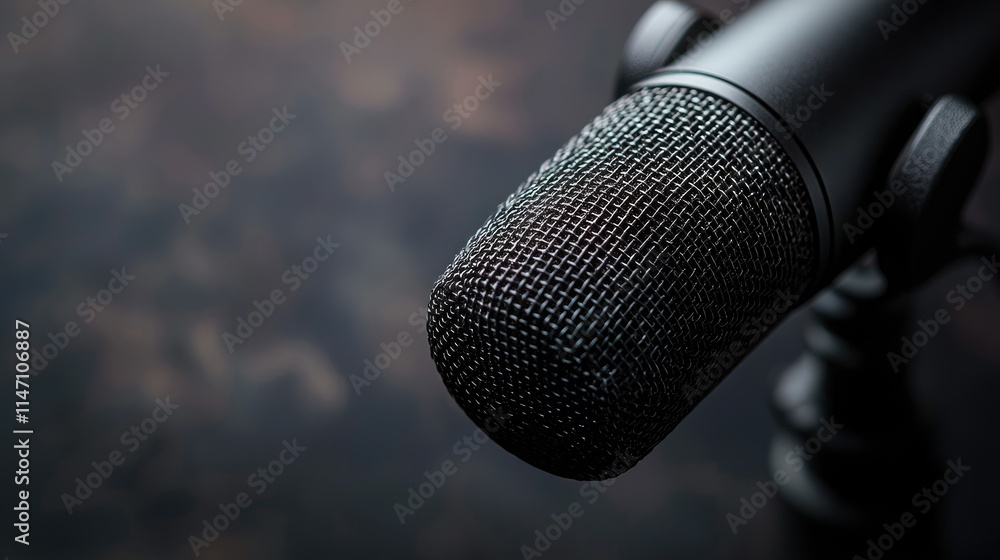 Poster a close-up of a professional microphone, emphasizing its design and texture for audio recording.