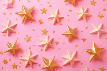 Obraz premium Modern festive background with golden shimmer stars on soft light pink background pattern.