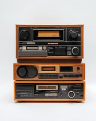 Obraz premium Vintage Stereo System Stack Wooden Cassette Player Recorder Radio