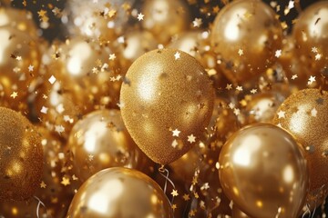 2024 golden inflatable balloons  stars and ribbons confetti. Monochrome festive composition.