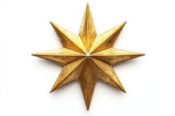 Golden Christmas Star isolated on white Background. Top View Close Up Gold Star.
