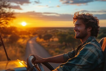 Fototapeta premium Happy man driving a vehicle on a scenic road during sunset in a rural landscape