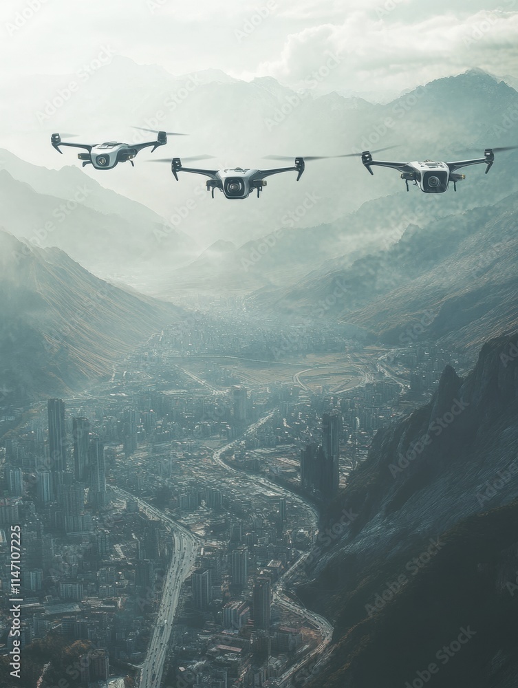 Poster Automated AI drones monitoring a city landscape and delivering goods in a picturesque mountainous setting. Generative AI