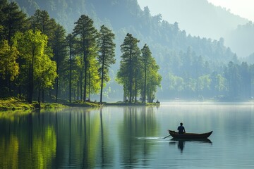Obraz premium Paddling through serene waters surrounded by hanging moss in a tranquil river at dawn in a southern landscape