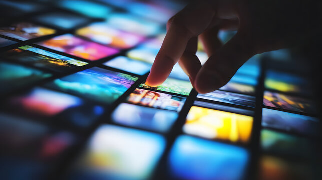 Close-up of a finger scrolling through a vibrant grid of colorful images on a digital screen.  A concept of browsing photos, media, or online galleries.