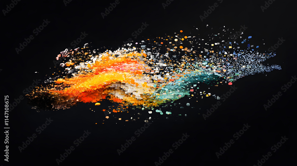 Aufkleber abstract digital art depicting a vibrant, multicolored explosion of particles against a stark black 
