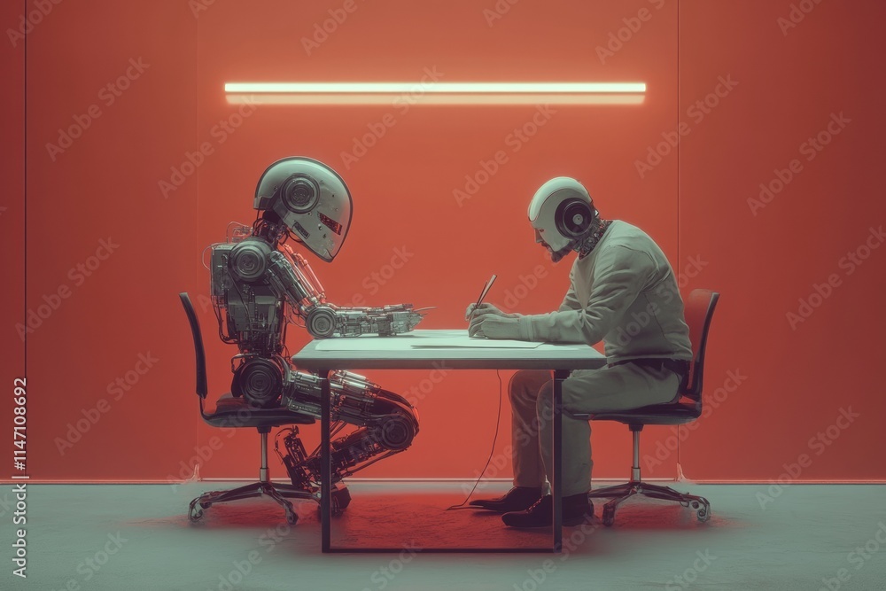 Leinwandbilder collaboration between human and robot on a project in a modern workspace with vibrant colors. genera