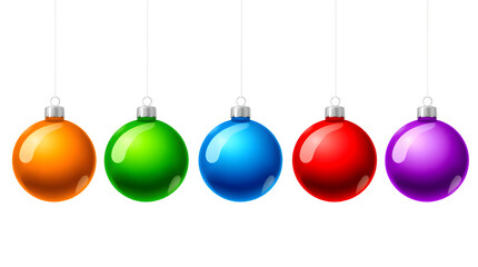 set of colorful christmas balls hanging on white background, perfect for holiday decorations, festive celebrations, or seasonal design themes	
