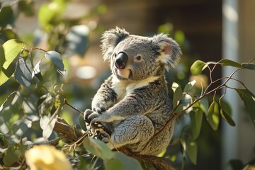 Fototapeta premium Koala resting among eucalyptus leaves at sunset in a serene Australian forest with warm golden light
