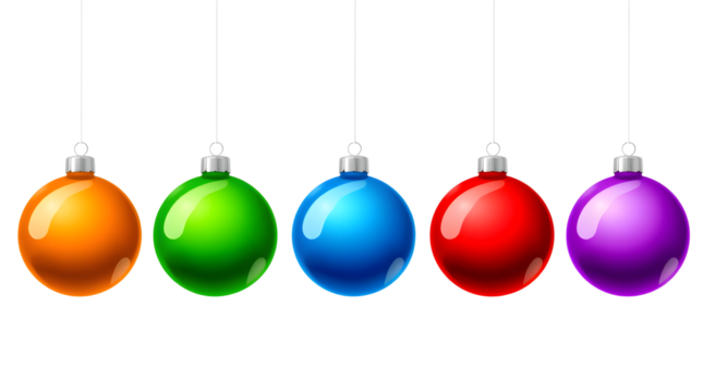 set of colorful christmas balls hanging on white background, perfect for holiday decorations, festive celebrations, or seasonal design themes	