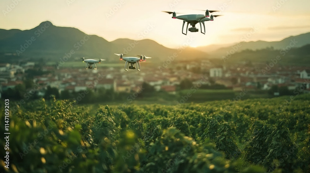 Poster automated drones navigate over vineyards in a rural landscape at sunset for delivery and monitoring 