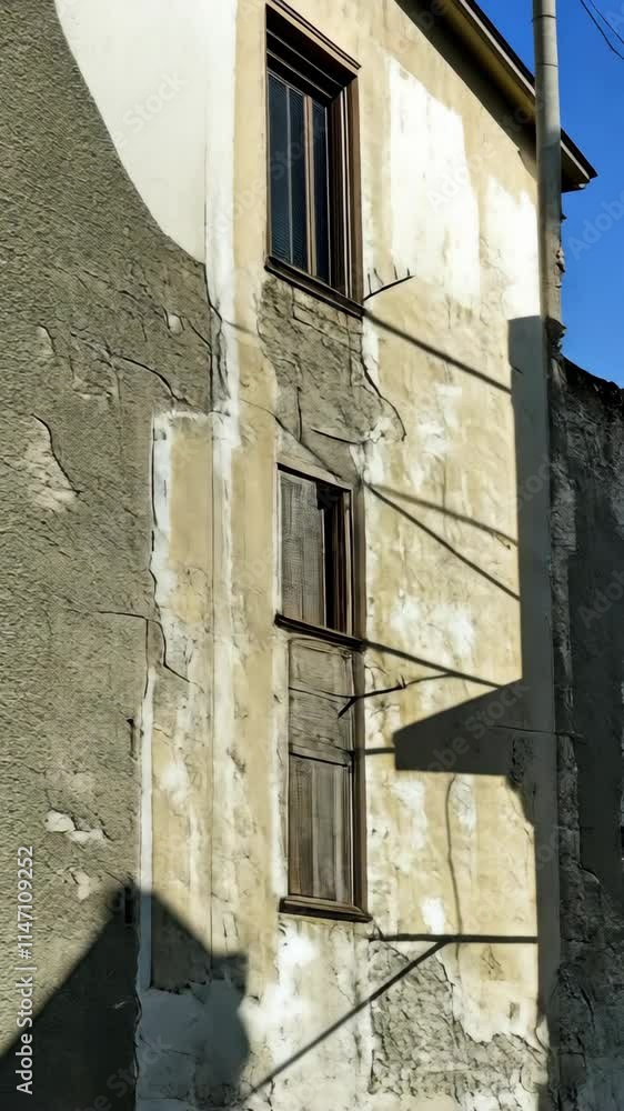 Poster Old building showing weathered walls and window details with shadows cast by the afternoon sun
