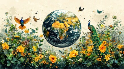 Vibrant illustration of Earth surrounded by flora and fauna.