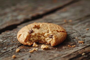 Fototapeta premium Delicious chocolate chip cookie with a bite taken out, showing the soft and chewy texture inside