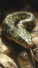 Naklejka premium Green patterned snake resting by a water source in a natural habitat surrounded by rocks and foliage during