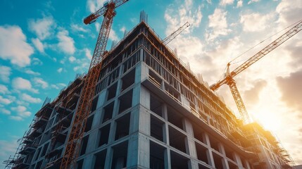 Construction site with crane against a blue sky