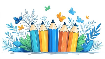 colored pencils with spring flowers	