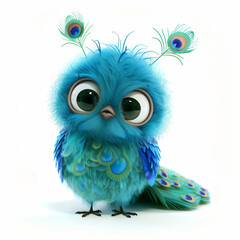 Obraz premium Adorable Blue Peacock Chick: A 3D Rendered Cartoon Bird isolated on white background