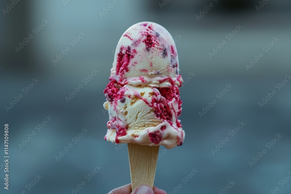 Poster double scoop of vanilla ice cream with raspberry swirls is melting while being held by an unseen han