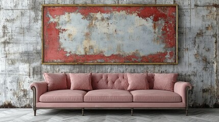 Elegant pink sofa against a textured wall with artwork.