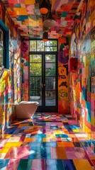 Vibrant decor and cozy seating create an inviting atmosphere in a colorfully tiled cafe in a charming location