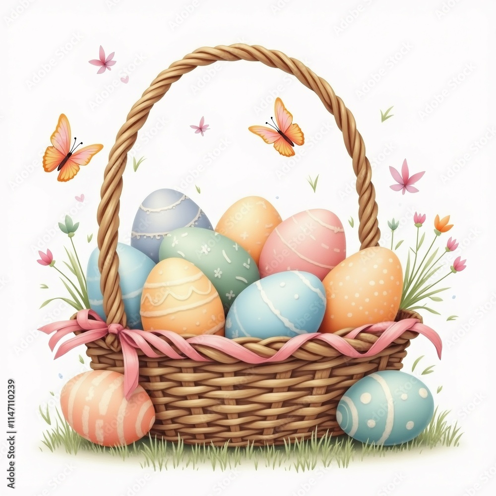 Poster the image is of a basket filled with colorful easter eggs. the basket is made of wicker and has a pi
