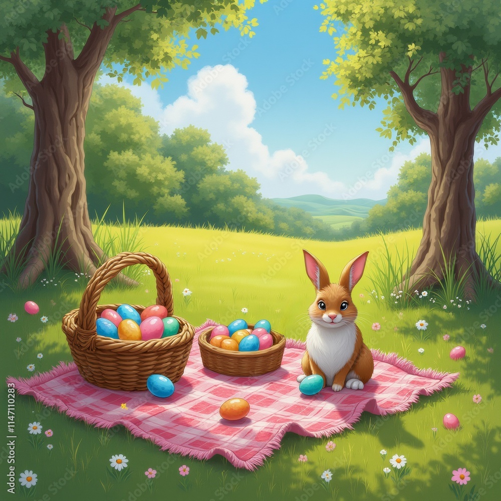 Poster the image is a digital illustration of a beautiful easter scene in a park. the scene is set in a gra