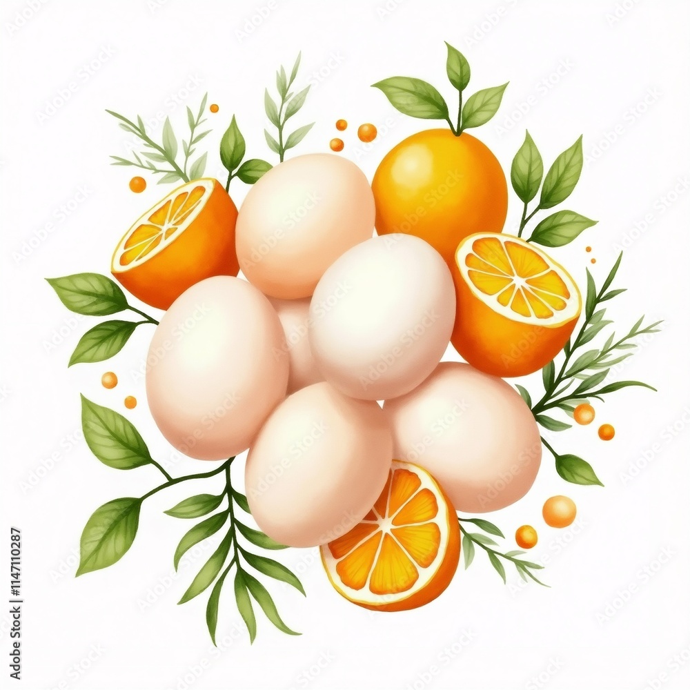 Poster the image is a digital illustration of a bunch of oranges and leaves. there are six oranges in total