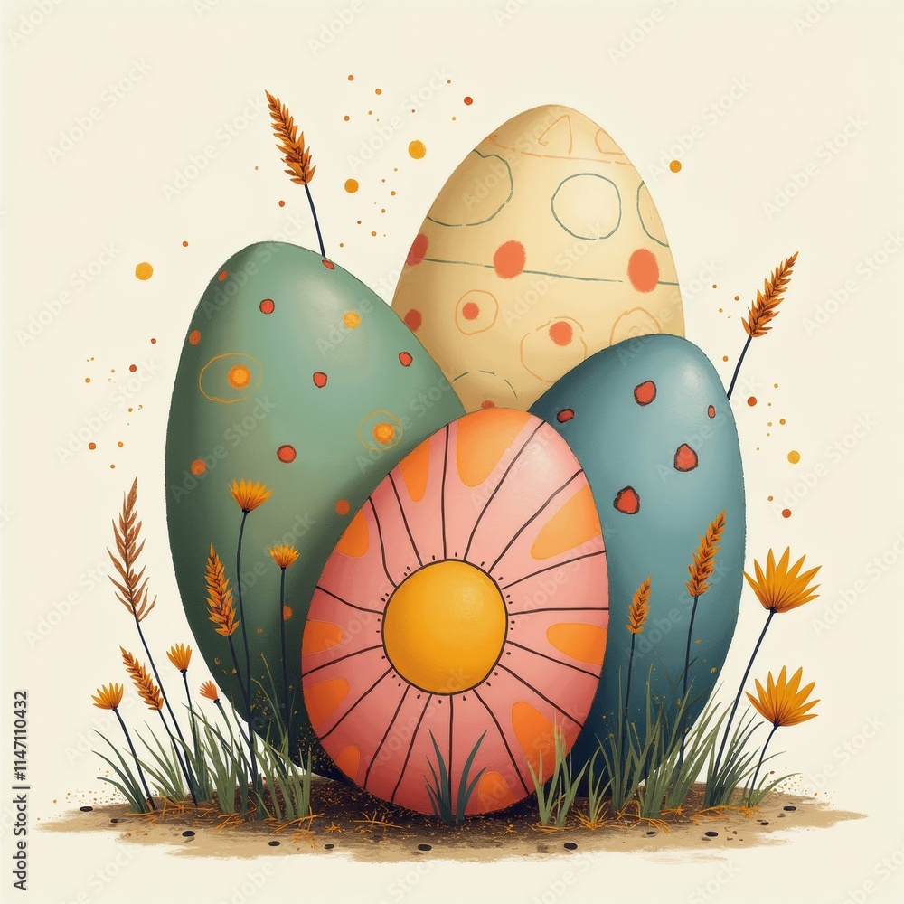 Poster the image is an illustration of three easter eggs. the eggs are arranged in a triangular formation, 