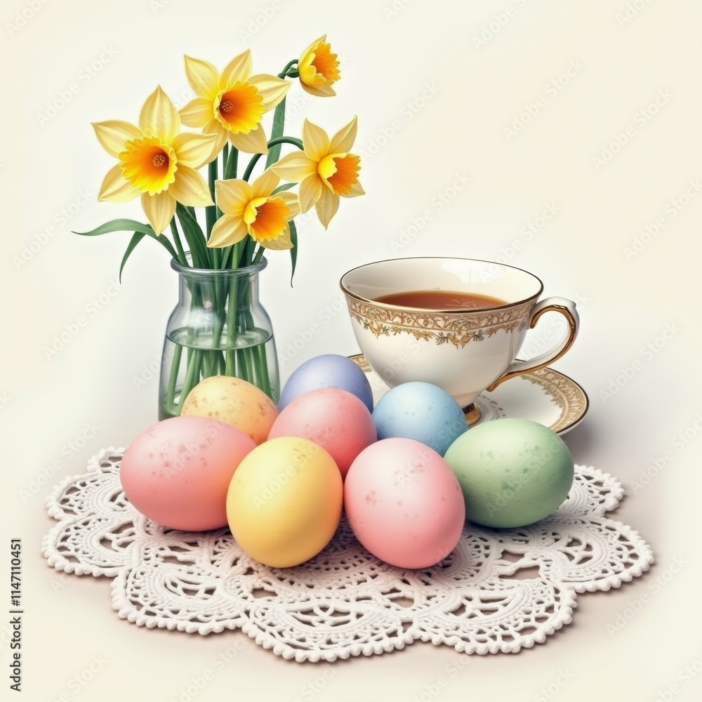 Poster the image shows a table setting with a vase of yellow daffodils and a cup of tea. on the table, ther