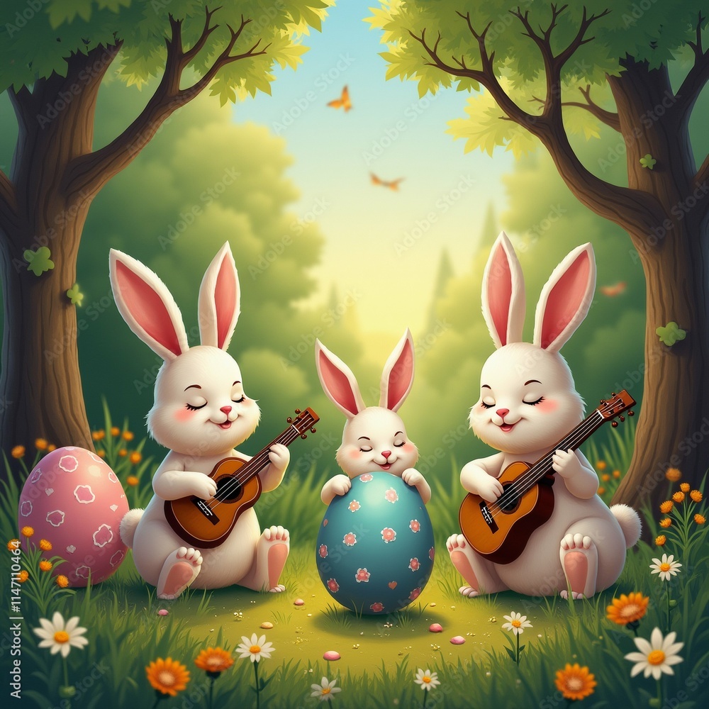 Poster the image shows three white rabbits sitting in a grassy field with trees and flowers in the backgrou