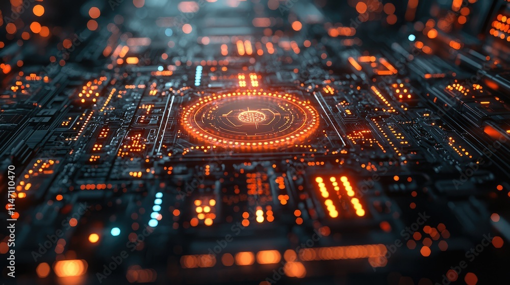 Poster a close-up view of a futuristic circuit board with glowing elements and intricate patterns.
