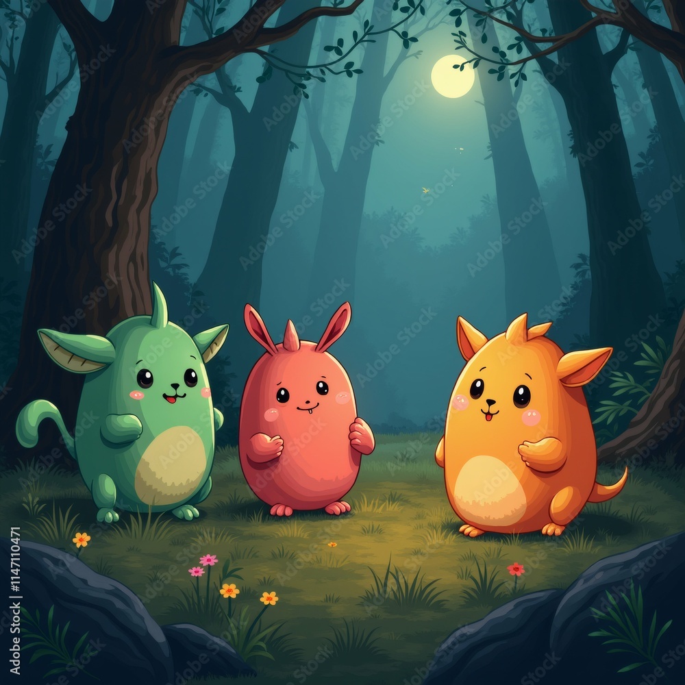 Poster the image shows three cartoon characters standing in a forest at night. the background is filled wit