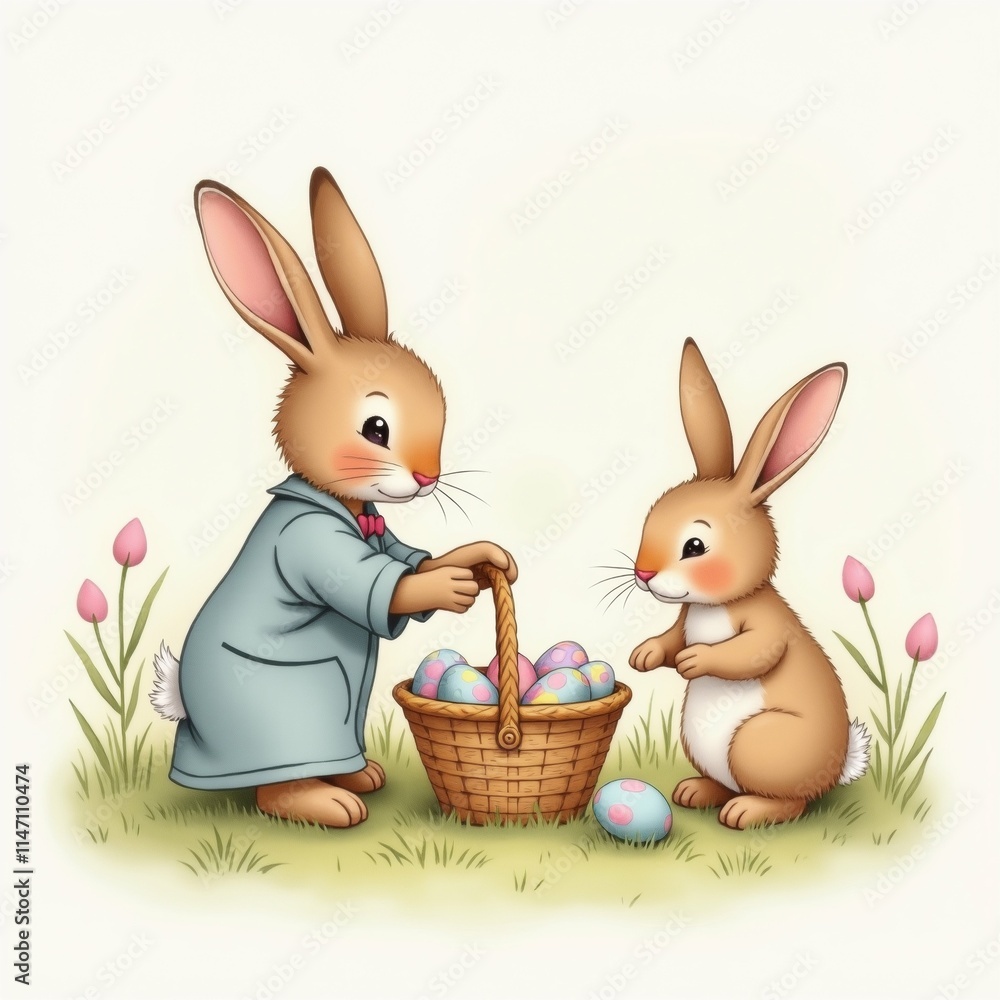 Poster the image shows two rabbits in a grassy field with pink tulips in the background. the rabbit on the 
