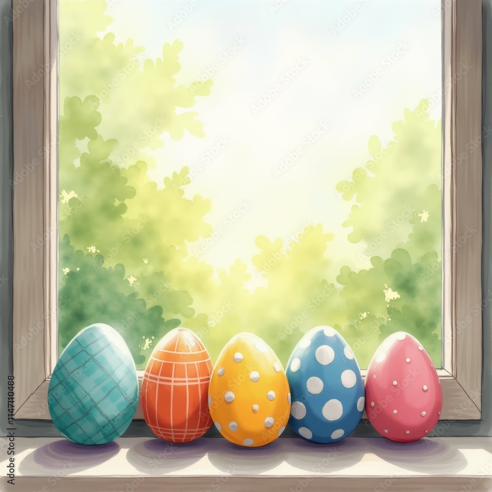 Poster the image shows a window sill with six colorful easter eggs arranged in a row. the eggs are of diffe