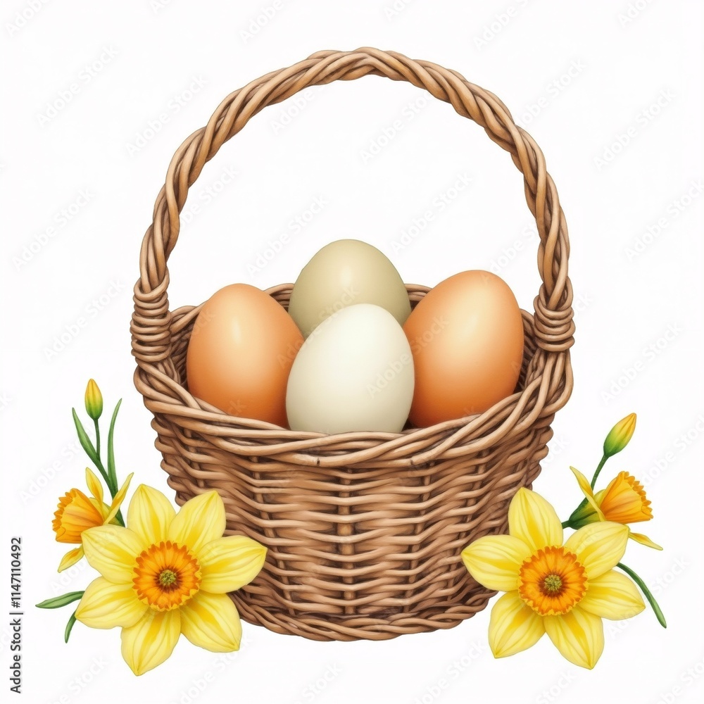 Poster the image is of a wicker basket with four eggs inside. the basket is made of light brown wicker and 