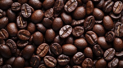 Macro shot of dark roasted coffee beans in a pile