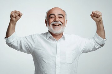 Fototapeta premium Happy Hispanic senior man celebrating in formal shirt mockup.
