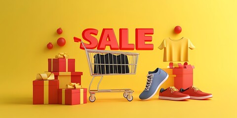 Fototapeta premium Shopping Cart Sale Featuring Gifts Clothes And Shoes