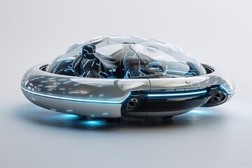 A sleek, round vehicle features a transparent dome and glowing blue accents. It represents cutting-edge design and futuristic transportation concepts, embodying innovation and style