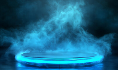 Futuristic Neon Podium with Blue Smoke and Abstract Misty Background