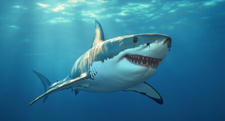 Fototapeta premium Majestic great white shark gliding through clear ocean water beneath sunlit surface in a serene underwater