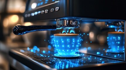 Close-up of shiny metallic espresso machine portafilter with glowing blue coffee grounds brewing rich espresso, perfect for coffee shop marketing, barista training, modern kitchen, dark background, c